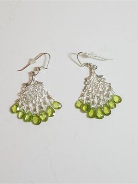 Silver Filigree Earrings with Lime Green Teardrop Beads